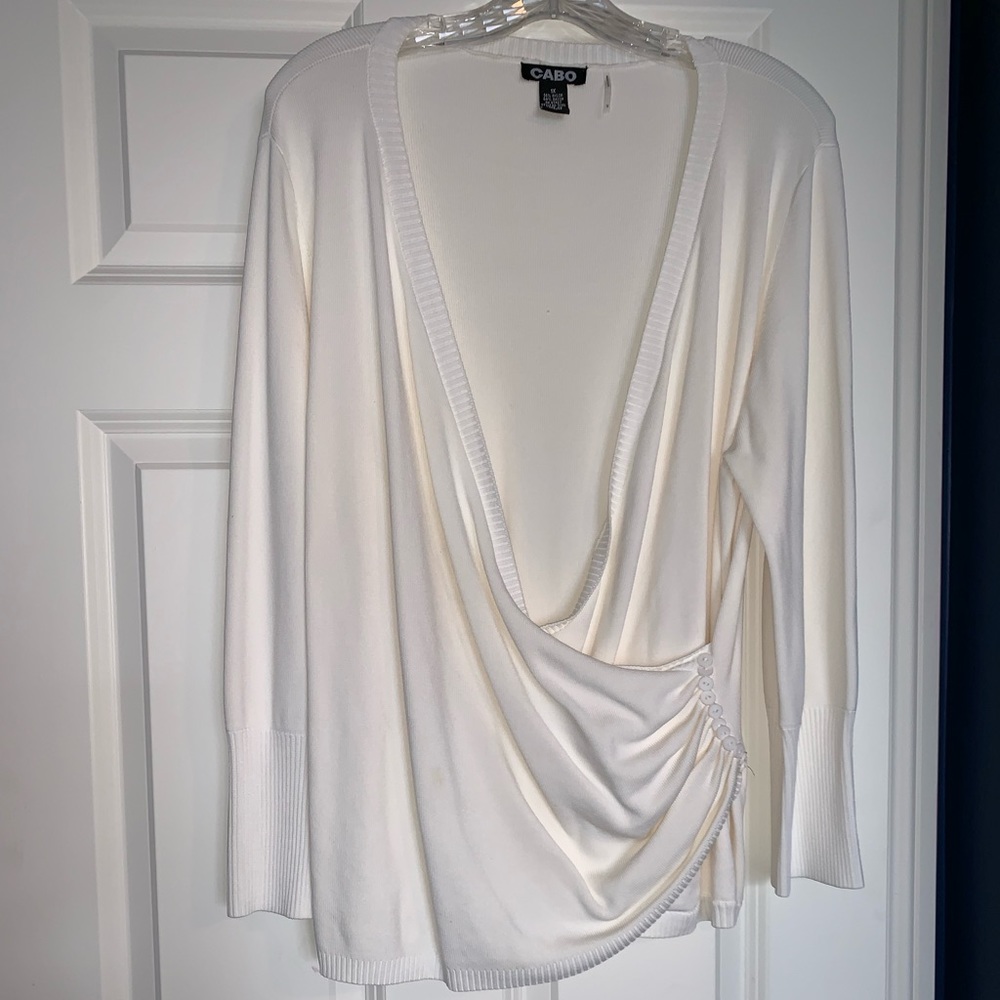 1X - White Shawl Sweater with Side Button Accent